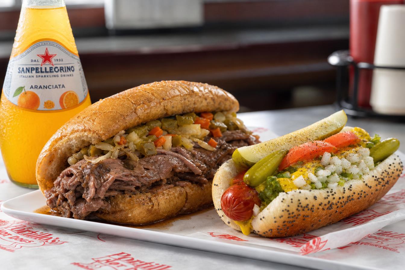 Chicago-style Italian beef sandwich and hot dog
